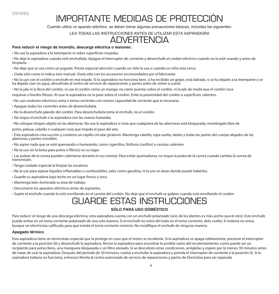 Importante medidas de protección, Advertencia, Guarde estas instrucciones | Electrolux EL4103A User Manual | Page 4 / 16