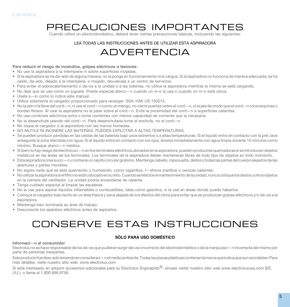Precauciones importantes, Advertencia, Conserve estas instrucciones | Electrolux EL1014A User Manual | Page 5 / 16
