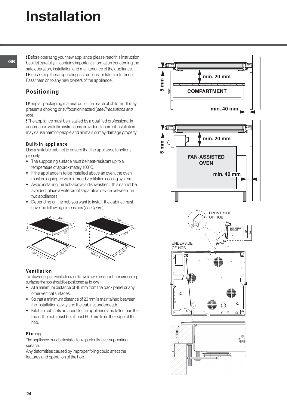 Installation, Positioning | Hotpoint Ariston KIC 644 X User Manual | Page 24 / 56