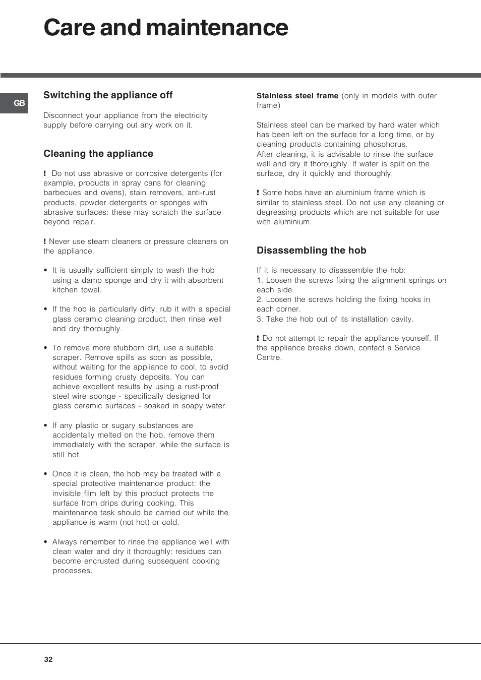 Care and maintenance | Hotpoint Ariston KIC 644 X User Manual | Page 32 / 56