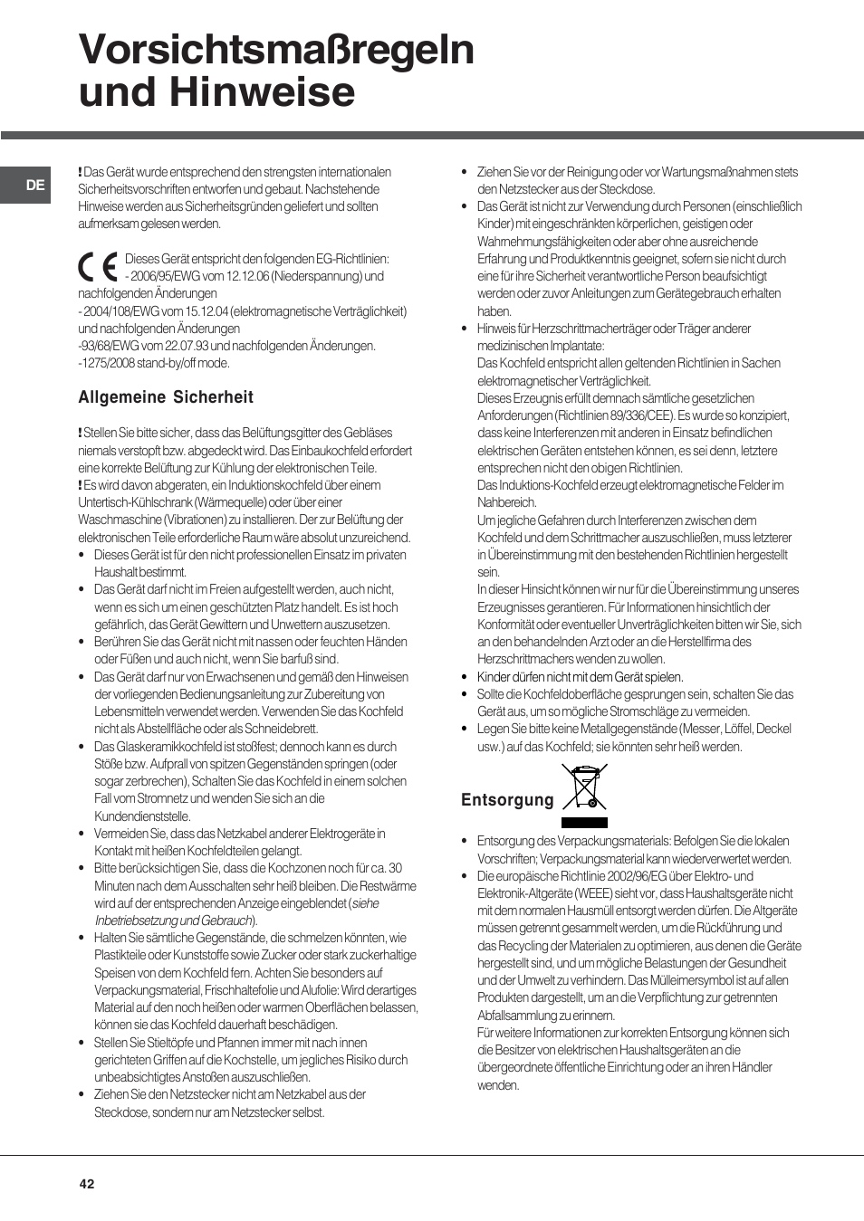 Vorsichtsmaßregeln und hinweise | Hotpoint Ariston KIC 644 X User Manual | Page 42 / 56