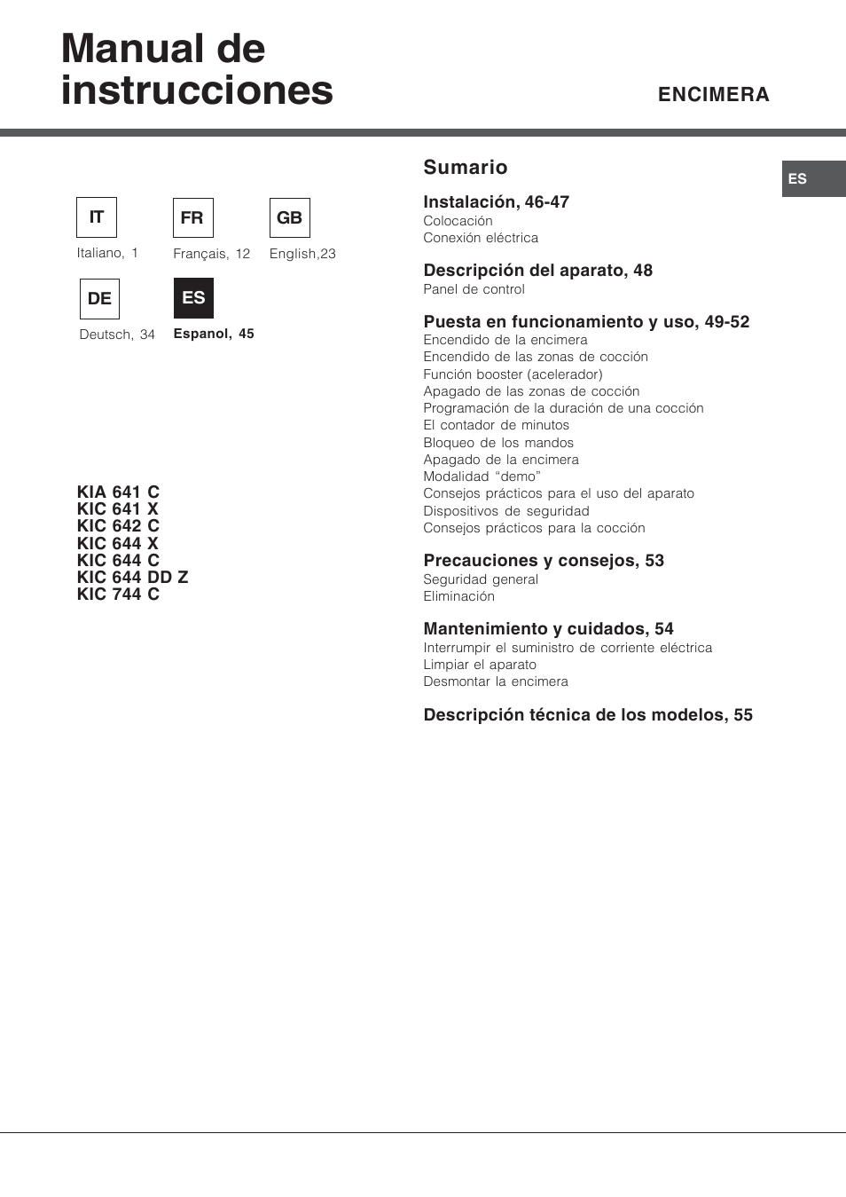 Manual de instrucciones | Hotpoint Ariston KIC 644 X User Manual | Page 45 / 56