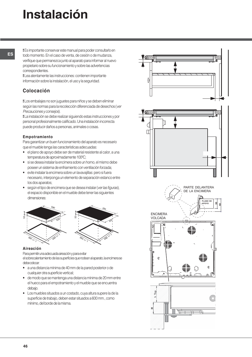 Instalación, Colocación | Hotpoint Ariston KIC 644 X User Manual | Page 46 / 56