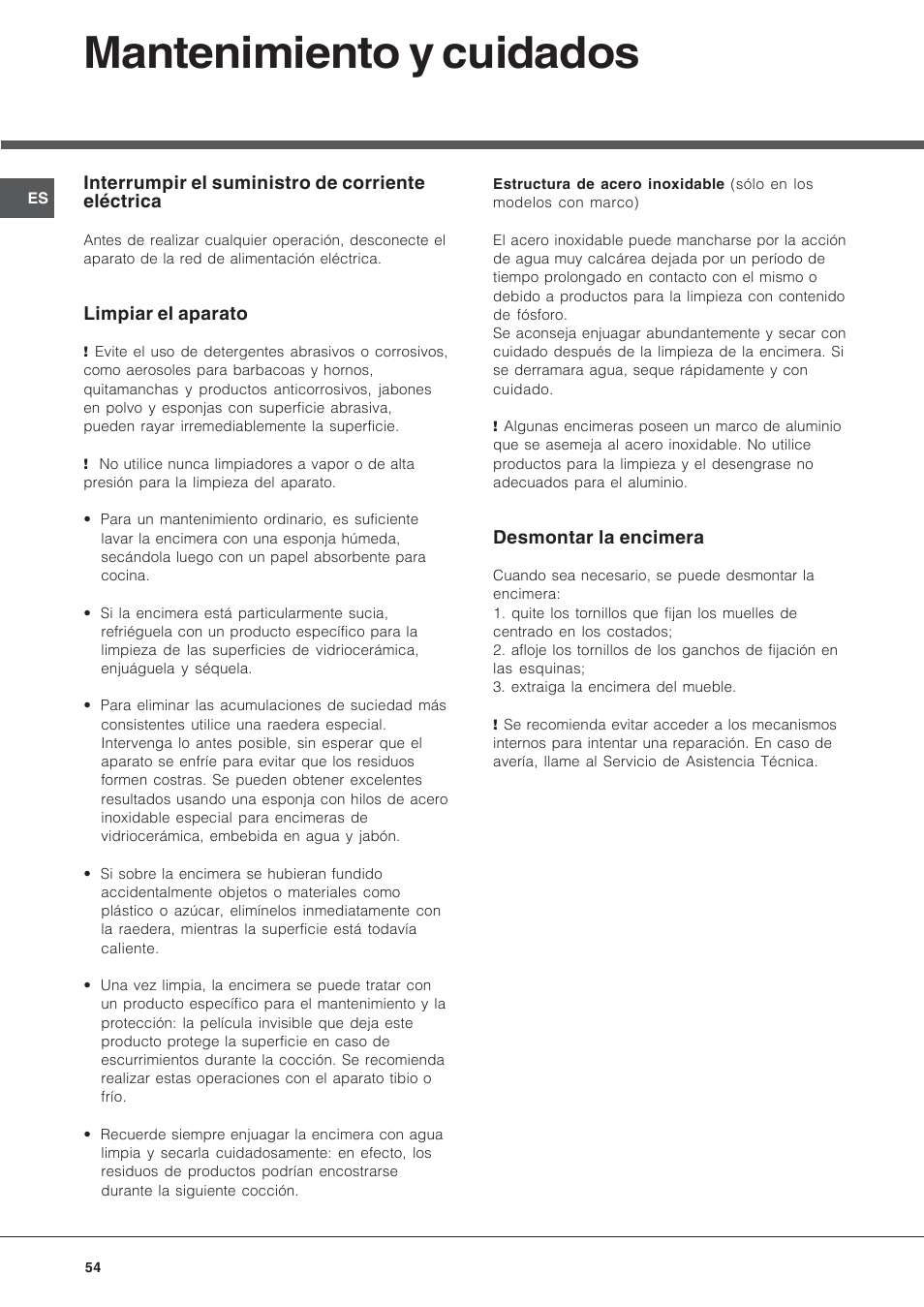 Mantenimiento y cuidados | Hotpoint Ariston KIC 644 X User Manual | Page 54 / 56