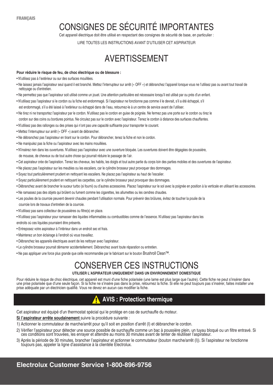 Consignes de sécurité importantes, Avertissement, Conserver ces instructions | Electrolux EL8807A User Manual | Page 5 / 16