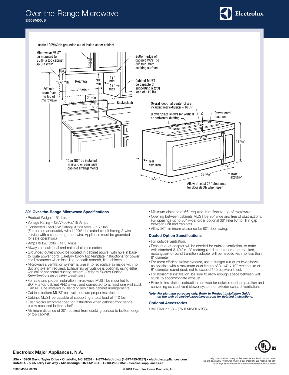 Over-the-range microwave, Electrolux major appliances, n.a | Electrolux EI30SM55JS User Manual | Page 2 / 2