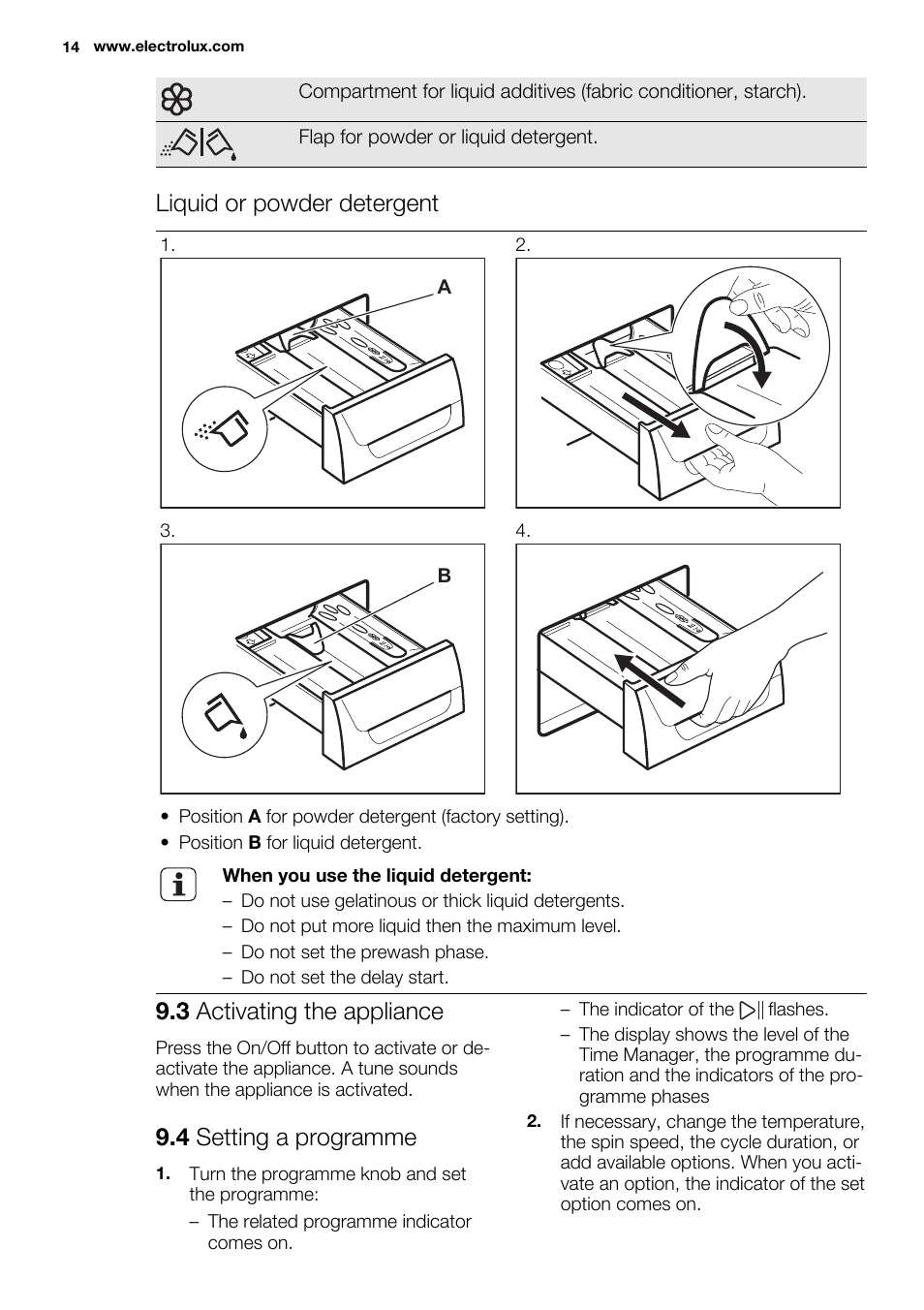 Liquid or powder detergent, 3 activating the appliance, 4 setting a programme | Electrolux EWW1486HDW User Manual | Page 14 / 56