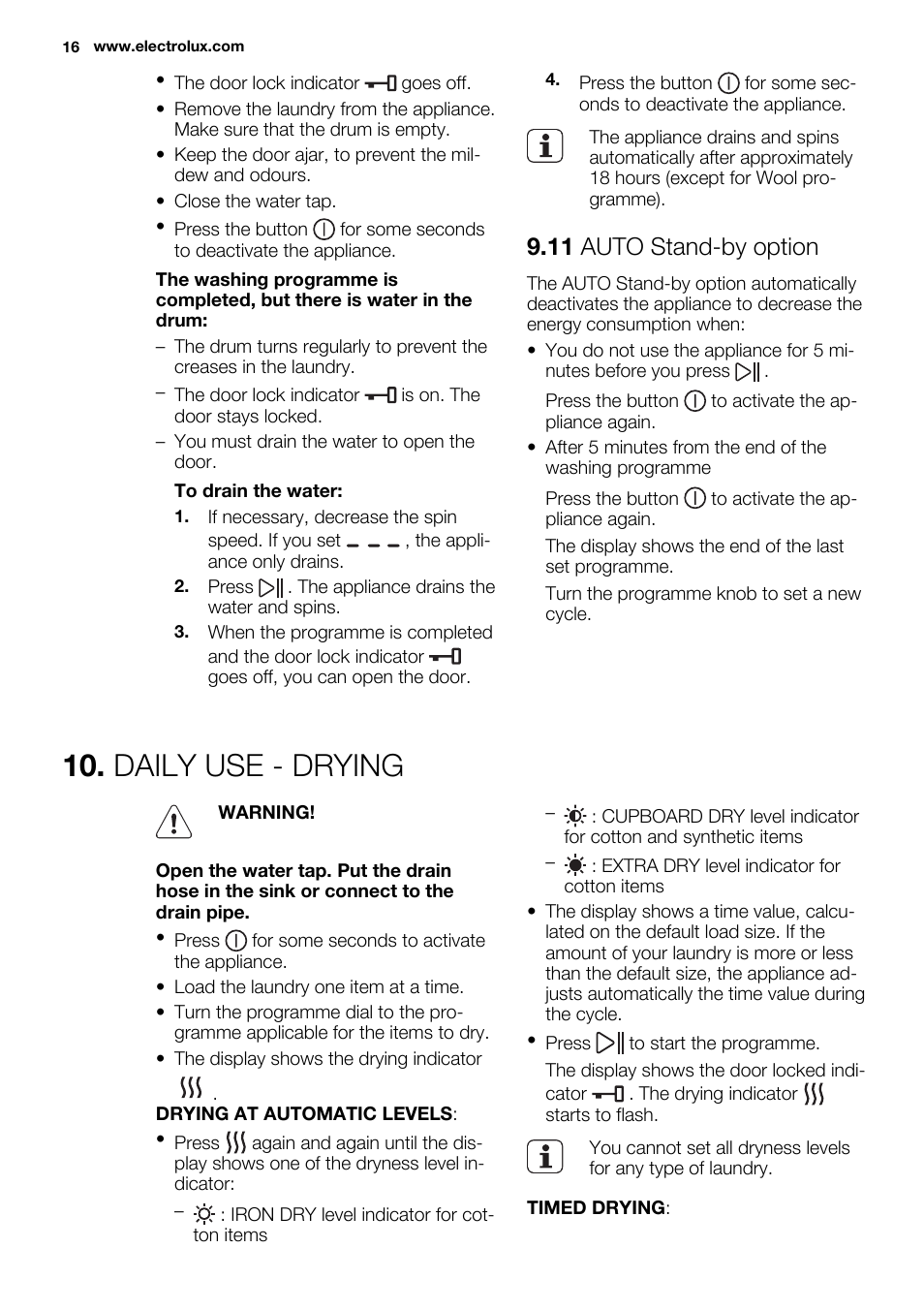 Daily use - drying, 11 auto stand-by option | Electrolux EWW1486HDW User Manual | Page 16 / 56