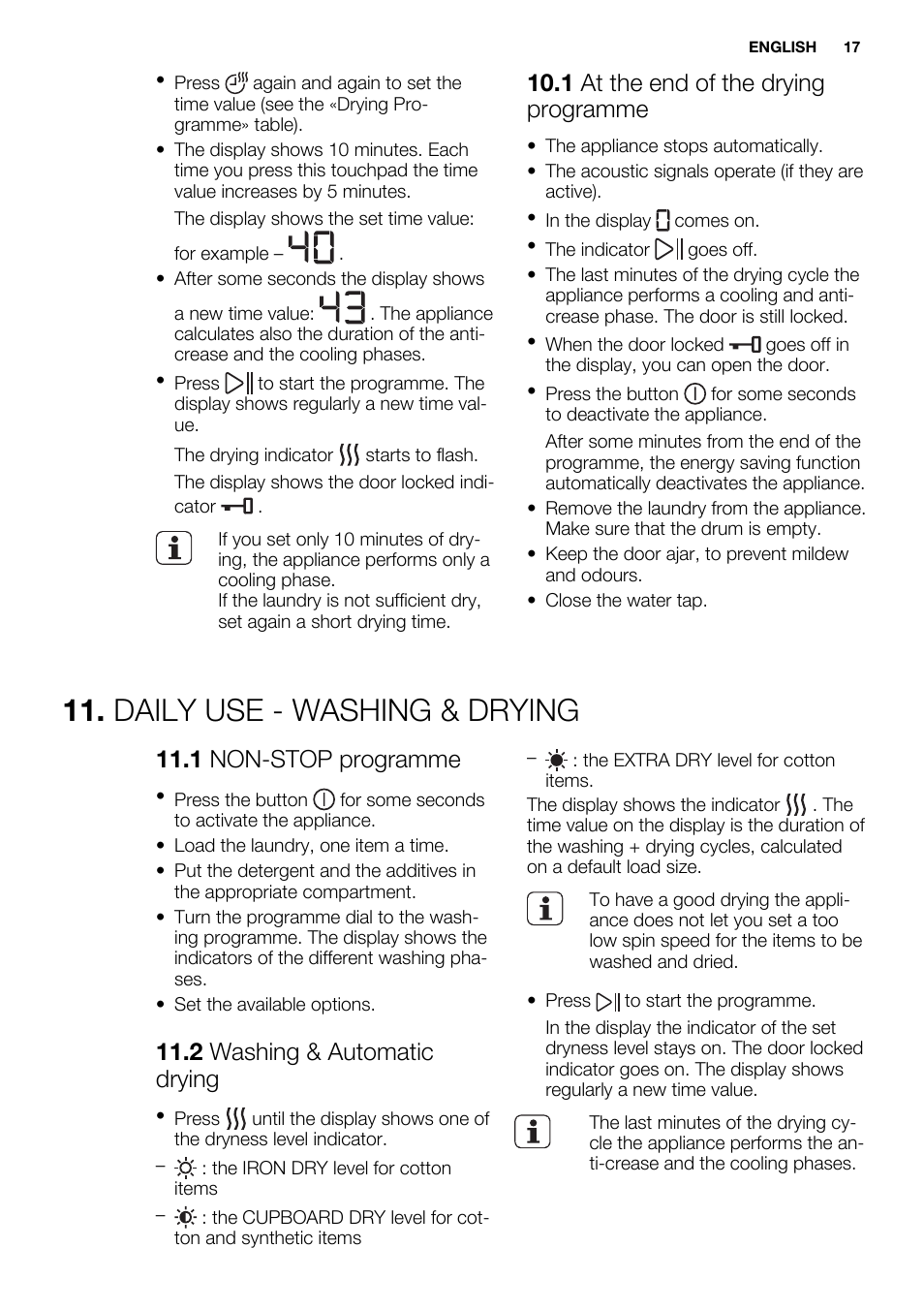 Daily use - washing & drying, 1 at the end of the drying programme, 1 non-stop programme | 2 washing & automatic drying | Electrolux EWW1486HDW User Manual | Page 17 / 56