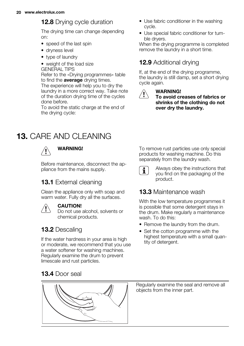 Care and cleaning, 8 drying cycle duration, 9 additional drying | 1 external cleaning, 2 descaling, 3 maintenance wash, 4 door seal | Electrolux EWW1486HDW User Manual | Page 20 / 56