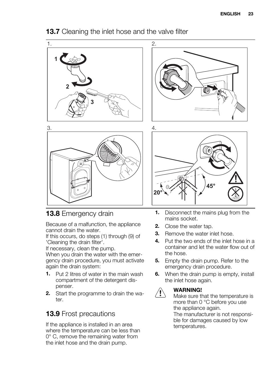 7 cleaning the inlet hose and the valve filter, 8 emergency drain, 9 frost precautions | Electrolux EWW1486HDW User Manual | Page 23 / 56