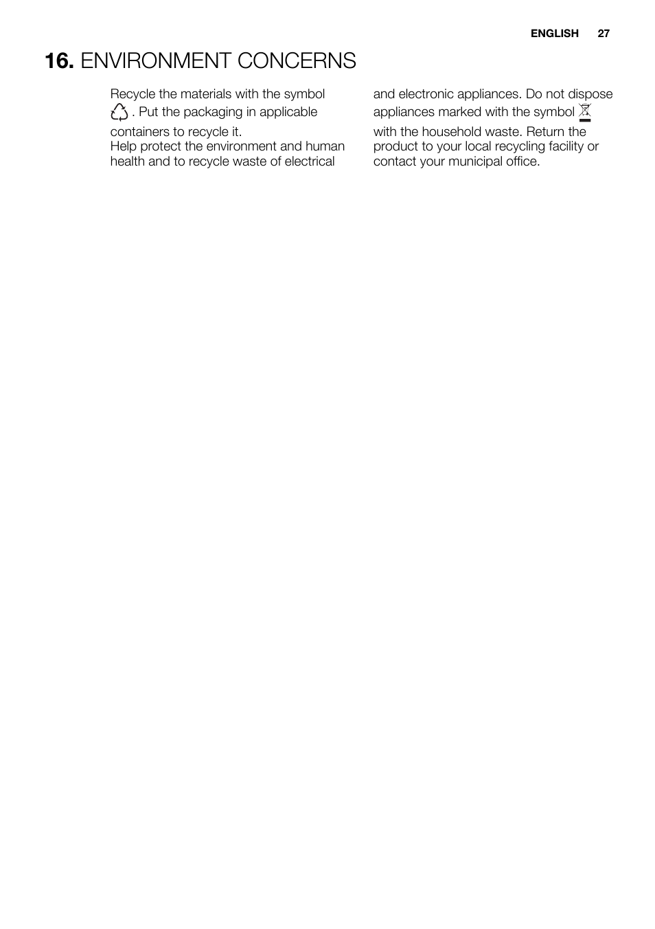 Environment concerns | Electrolux EWW1486HDW User Manual | Page 27 / 56