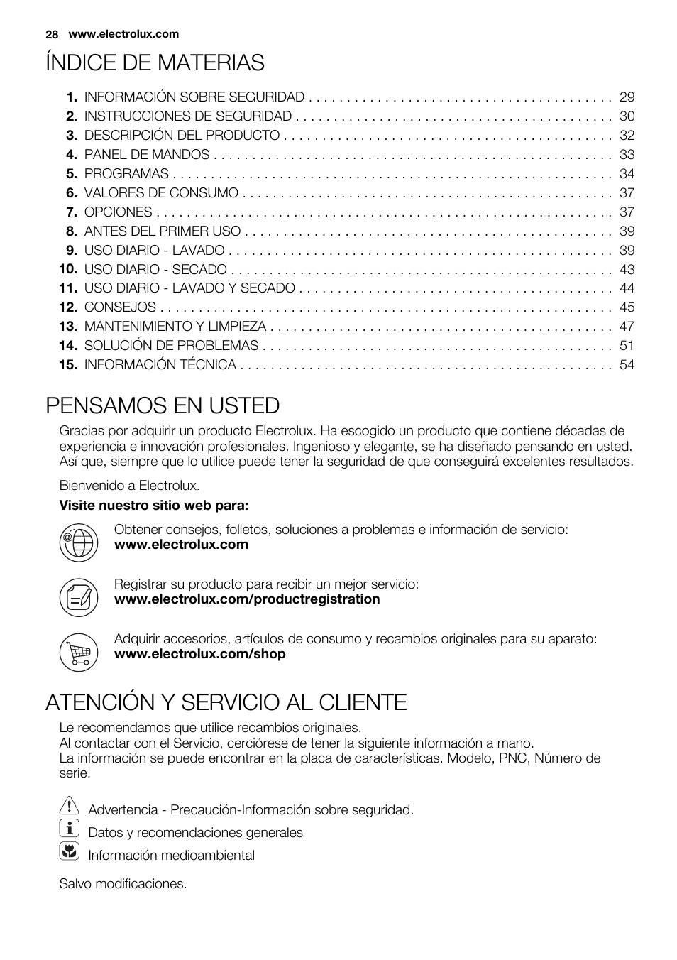 Índice de materias, Pensamos en usted, Atención y servicio al cliente | Electrolux EWW1486HDW User Manual | Page 28 / 56