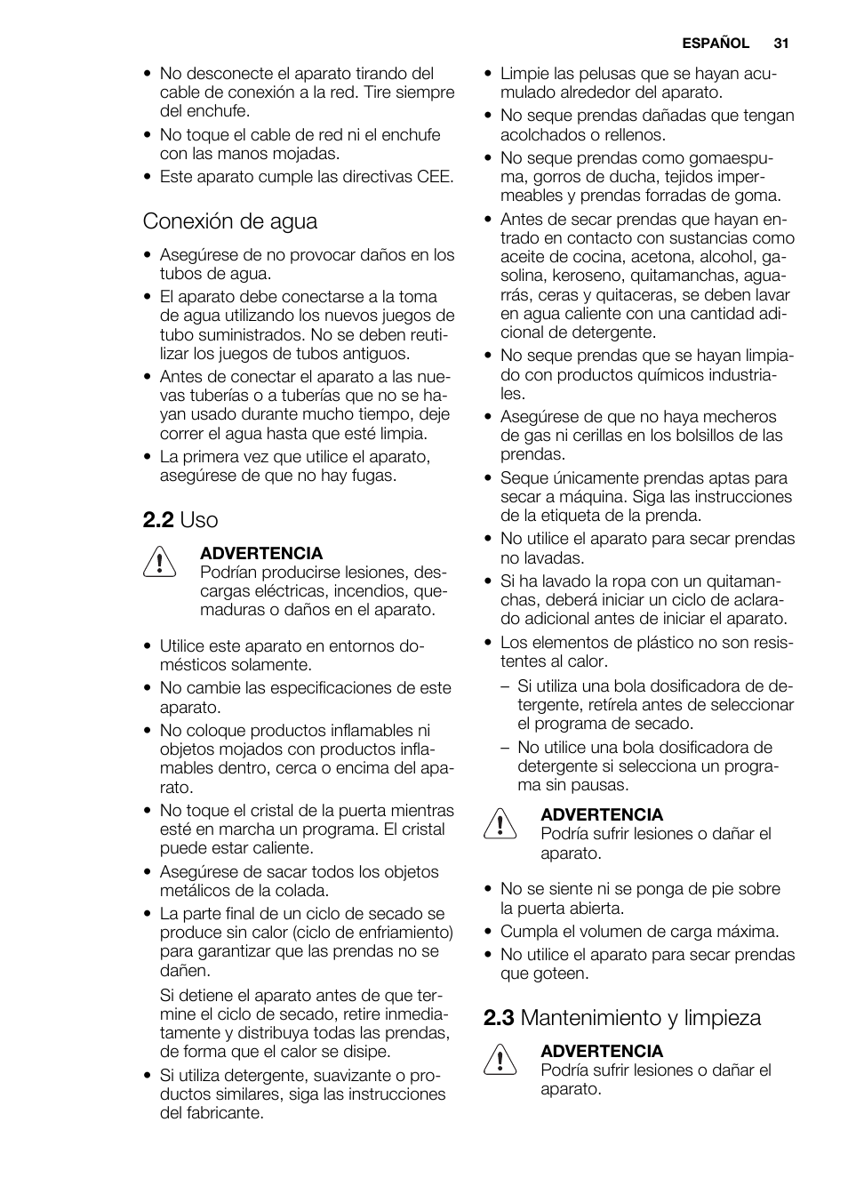 Conexión de agua, 2 uso, 3 mantenimiento y limpieza | Electrolux EWW1486HDW User Manual | Page 31 / 56