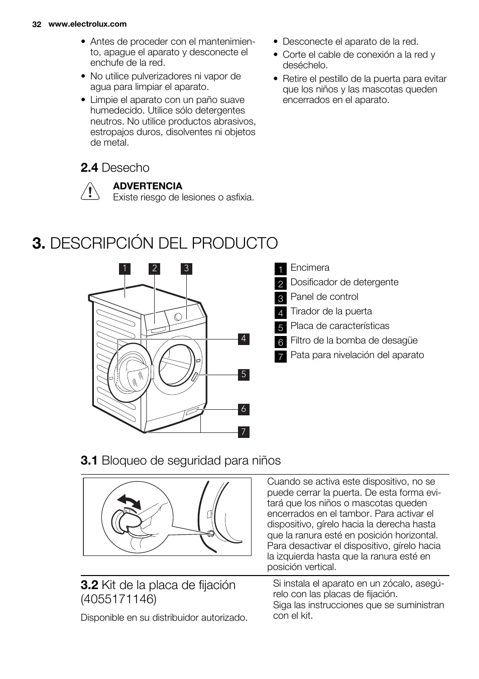 Descripción del producto, 4 desecho, 1 bloqueo de seguridad para niños | Electrolux EWW1486HDW User Manual | Page 32 / 56