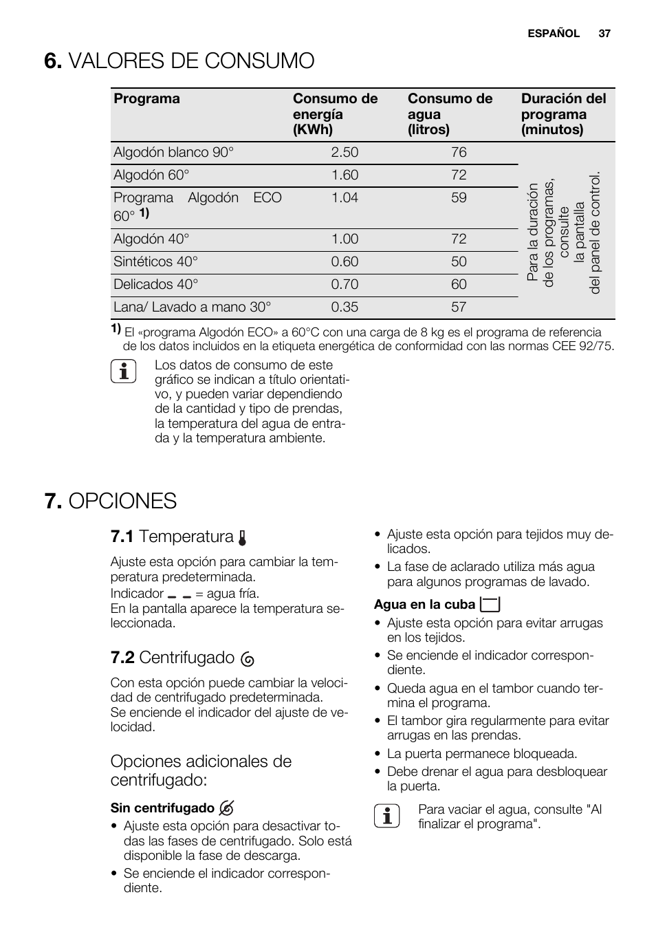 Valores de consumo, Opciones, 1 temperatura | 2 centrifugado, Opciones adicionales de centrifugado | Electrolux EWW1486HDW User Manual | Page 37 / 56