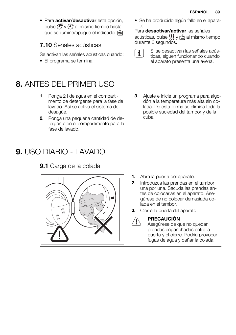 Antes del primer uso, Uso diario - lavado, 10 señales acústicas | 1 carga de la colada | Electrolux EWW1486HDW User Manual | Page 39 / 56