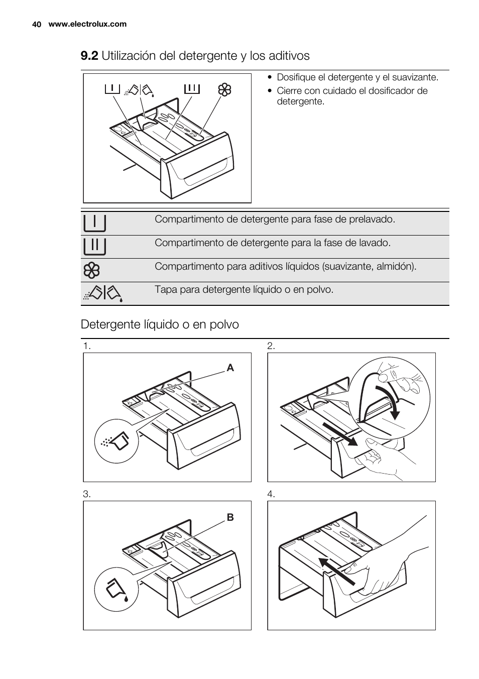 2 utilización del detergente y los aditivos, Detergente líquido o en polvo | Electrolux EWW1486HDW User Manual | Page 40 / 56
