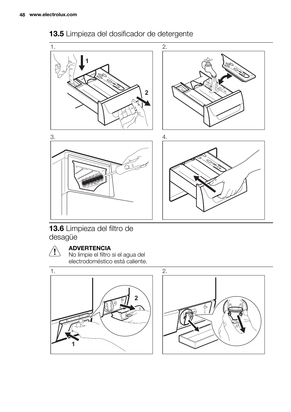 5 limpieza del dosificador de detergente, 6 limpieza del filtro de desagüe | Electrolux EWW1486HDW User Manual | Page 48 / 56