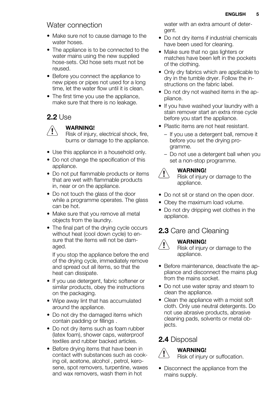 Water connection, 2 use, 3 care and cleaning | 4 disposal | Electrolux EWW1486HDW User Manual | Page 5 / 56