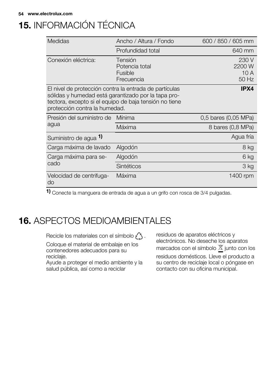 Información técnica, Aspectos medioambientales | Electrolux EWW1486HDW User Manual | Page 54 / 56