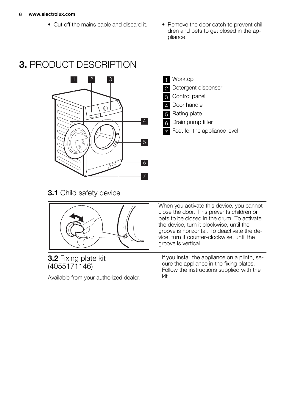 Product description, 1 child safety device | Electrolux EWW1486HDW User Manual | Page 6 / 56