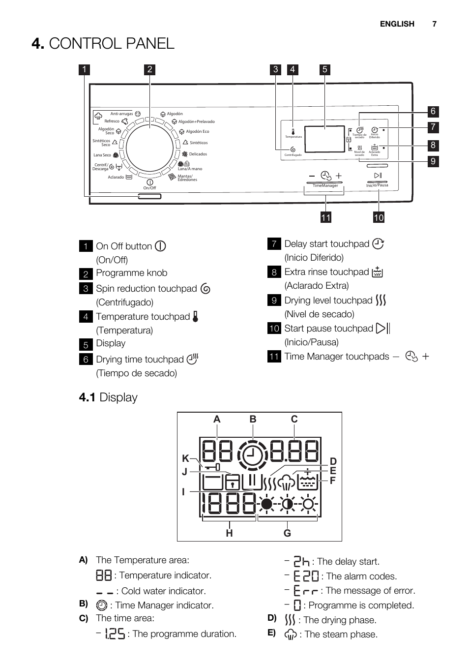 Control panel, 1 display, On off button (on/off) | Programme knob, Spin reduction touchpad (centrifugado), Temperature touchpad (temperatura), Display, Drying time touchpad (tiempo de secado), Delay start touchpad (inicio diferido), Extra rinse touchpad (aclarado extra) | Electrolux EWW1486HDW User Manual | Page 7 / 56