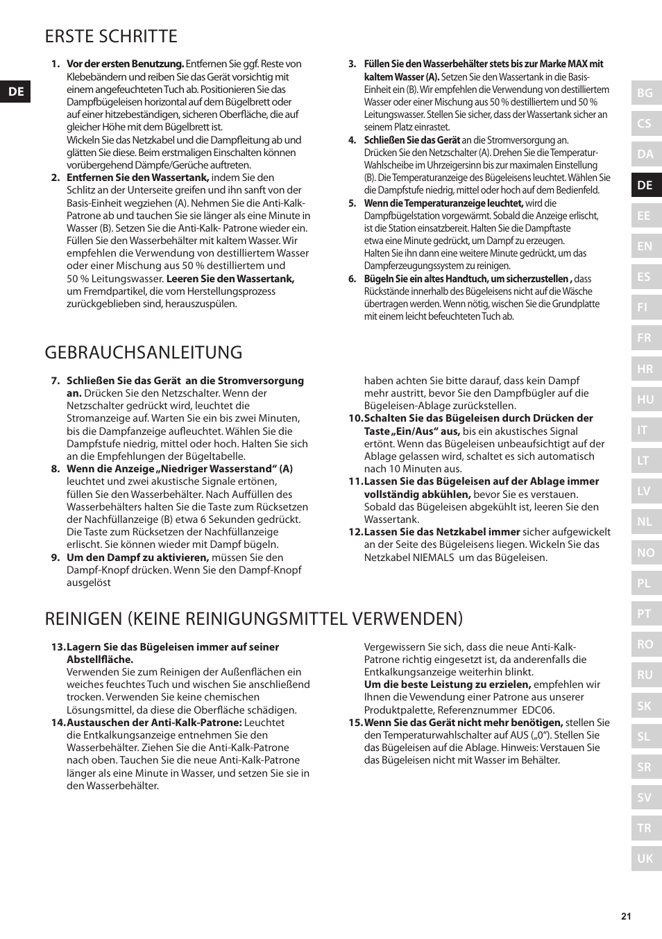 Erste schritte, Gebrauchsanleitung, Reinigen (keine reinigungsmittel verwenden) | Electrolux EDBS3350 User Manual | Page 21 / 112