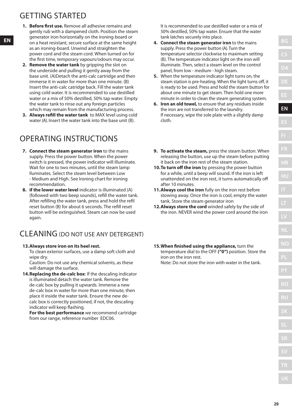 Getting started, Operating instructions, Cleaning | Do not use any detergent) | Electrolux EDBS3350 User Manual | Page 29 / 112