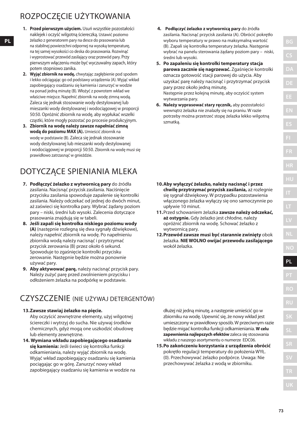 Rozpoczęcie użytkowania, Dotyczące spieniania mleka, Czyszczenie | Nie używaj detergentów) | Electrolux EDBS3350 User Manual | Page 73 / 112