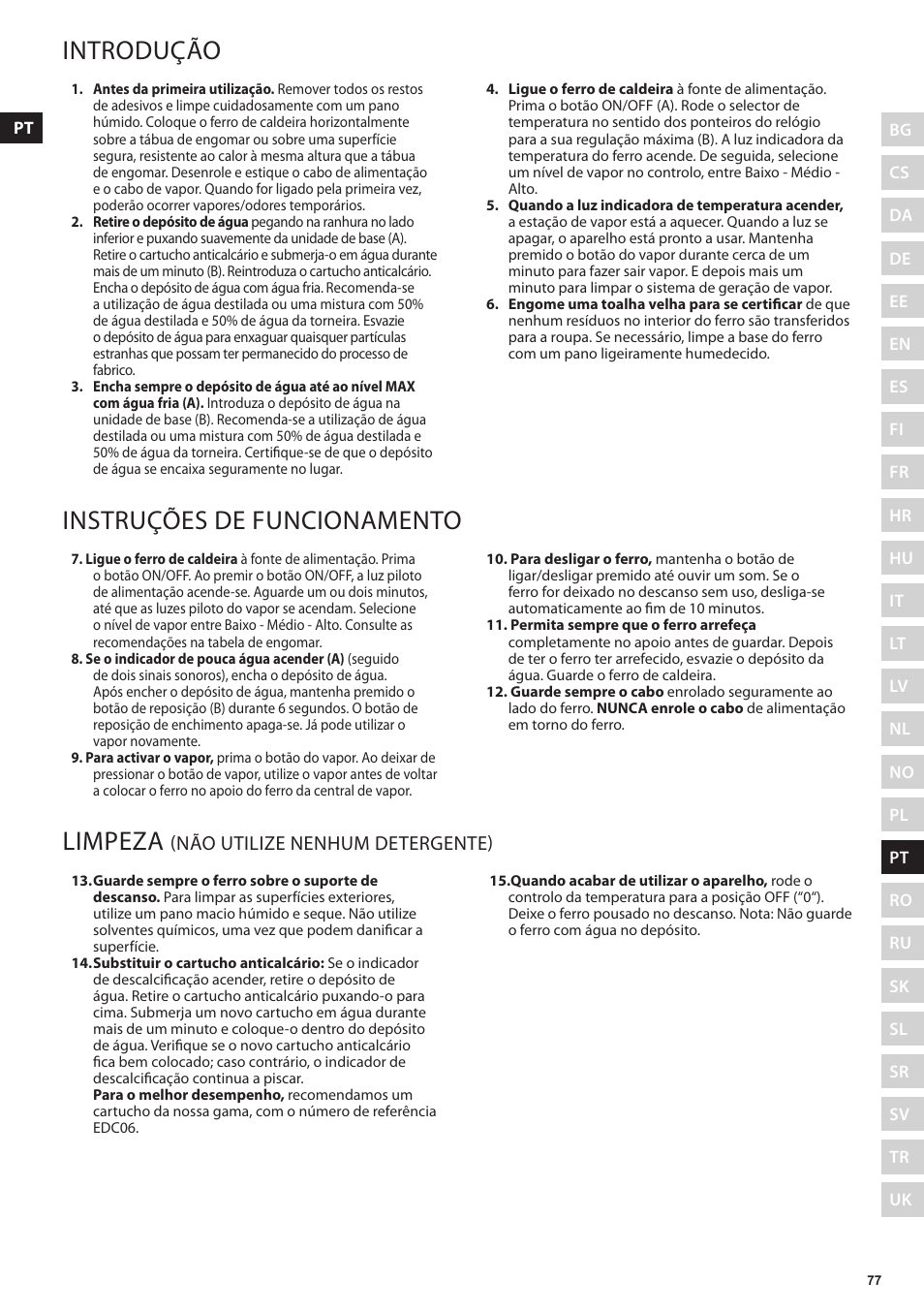 Introdução, Instruções de funcionamento, Limpeza | Não utilize nenhum detergente) | Electrolux EDBS3350 User Manual | Page 77 / 112