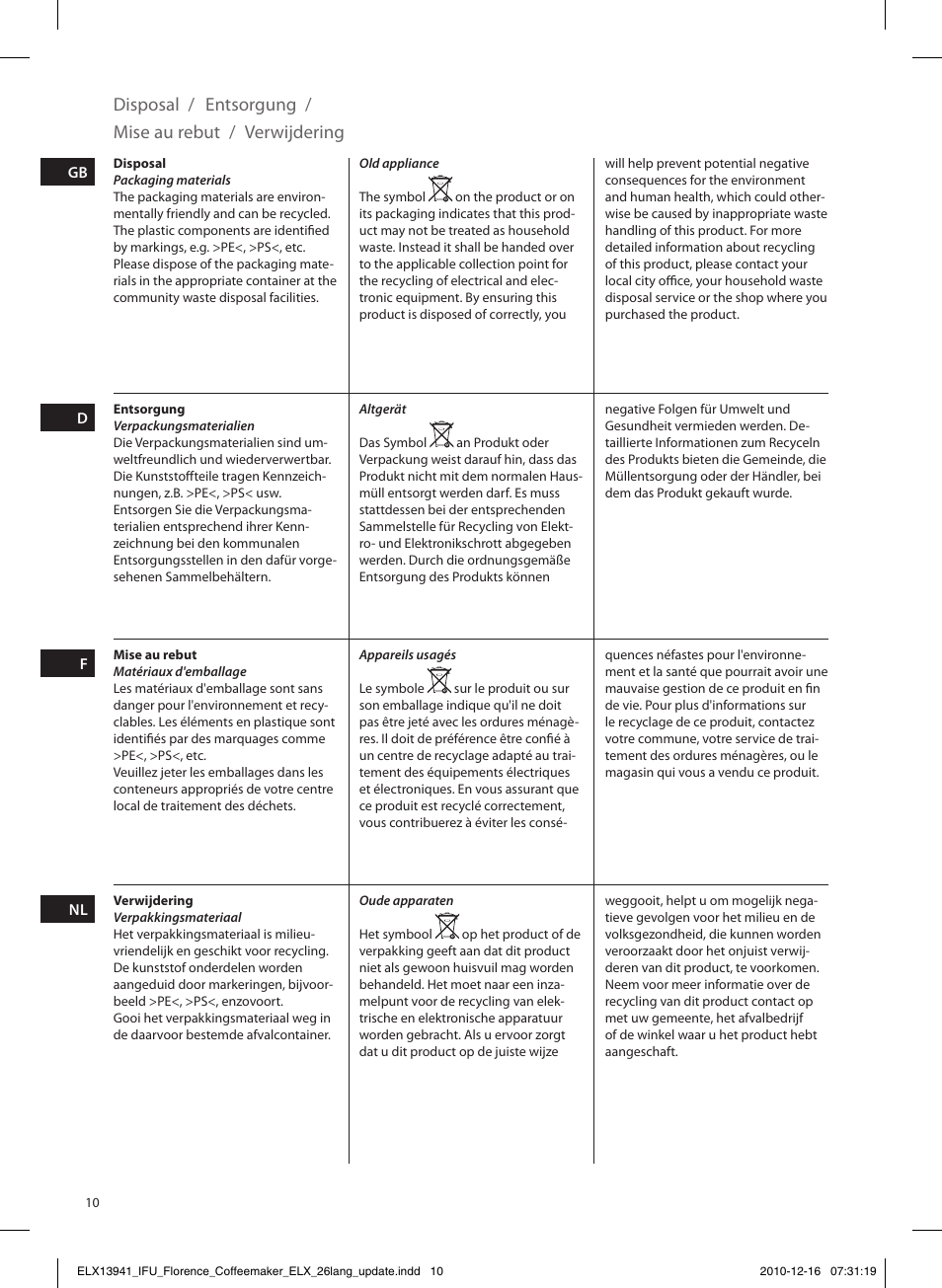 Disposal, Entsorgung, Mise au rebut | Verwijdering | Electrolux EKF5210 User Manual | Page 10 / 60