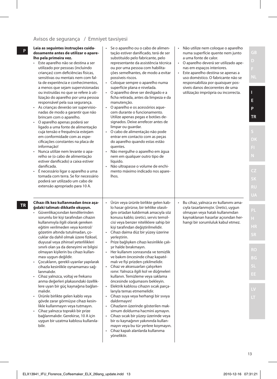 Avisos de segurança / emniyet tavsiyesi | Electrolux EKF5210 User Manual | Page 13 / 60