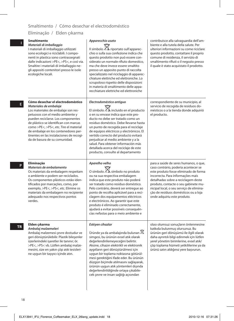 Smaltimento, Cómo desechar el electrodoméstico, Eliminação | Elden çıkarma | Electrolux EKF5210 User Manual | Page 18 / 60