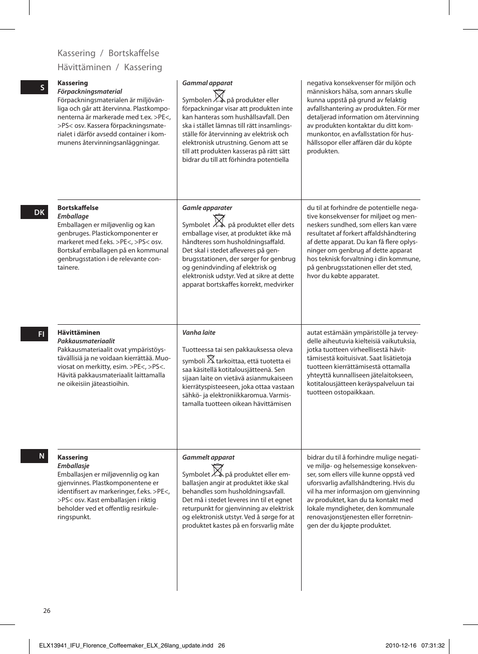 Kassering, Bortskaffelse, Hävittäminen | Electrolux EKF5210 User Manual | Page 26 / 60