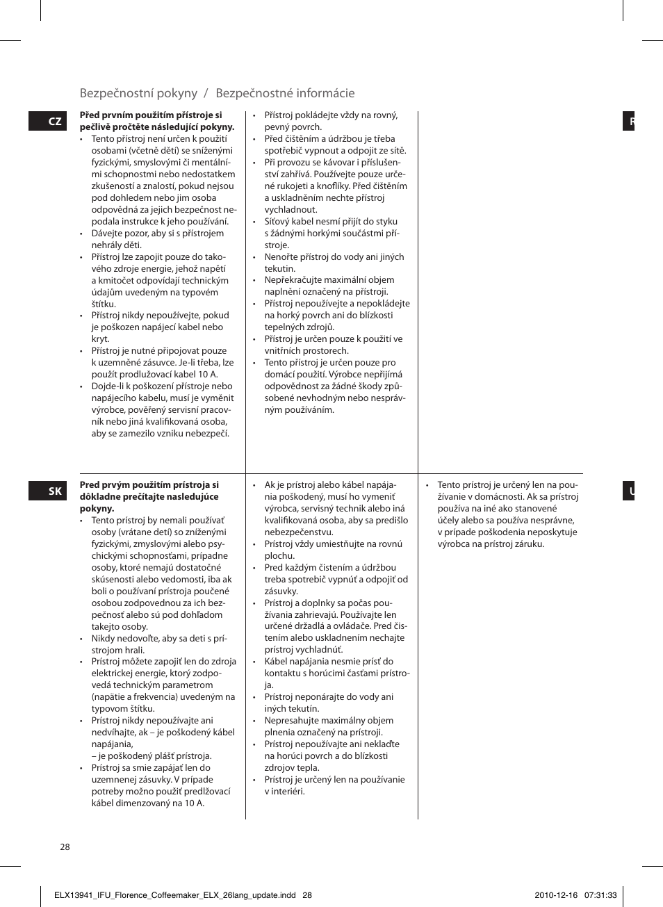 Bezpečnostní pokyny / bezpečnostné informácie | Electrolux EKF5210 User Manual | Page 28 / 60