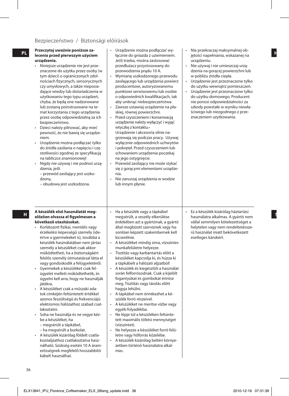 Bezpieczeństwo / biztonsági előírások | Electrolux EKF5210 User Manual | Page 36 / 60