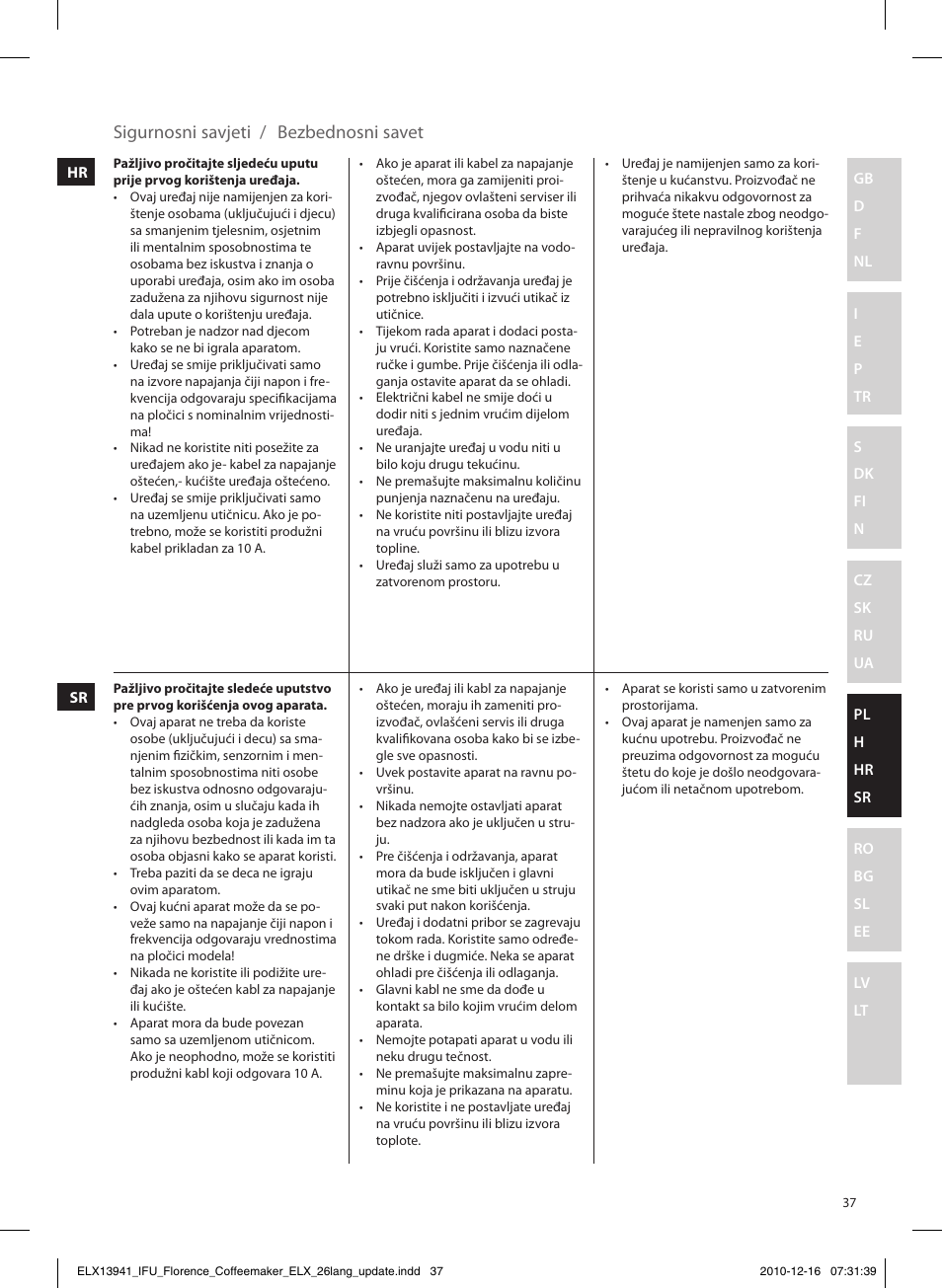 Bezbednosni savet sigurnosni savjeti | Electrolux EKF5210 User Manual | Page 37 / 60