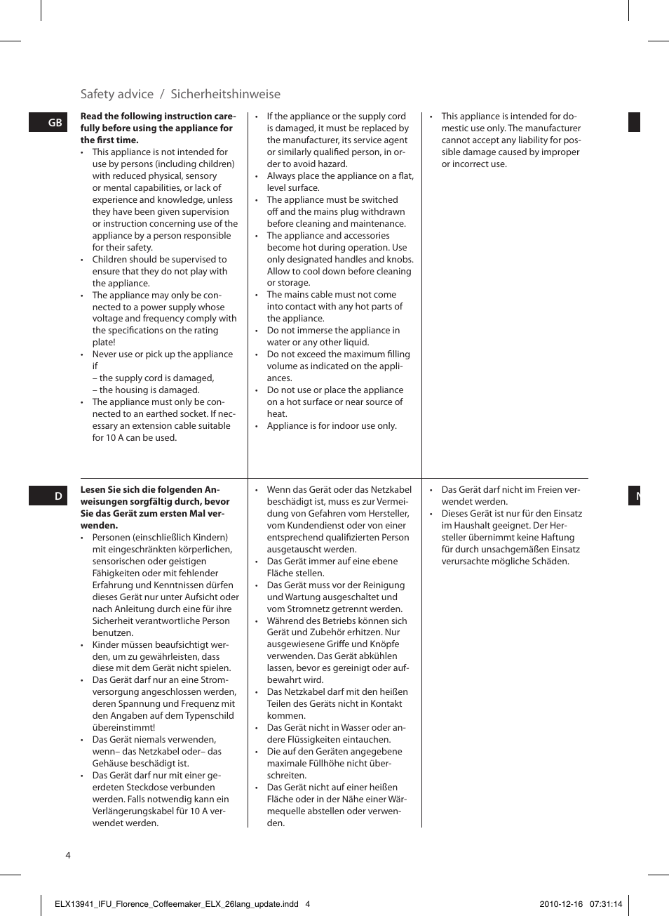 Safety advice / sicherheitshinweise | Electrolux EKF5210 User Manual | Page 4 / 60