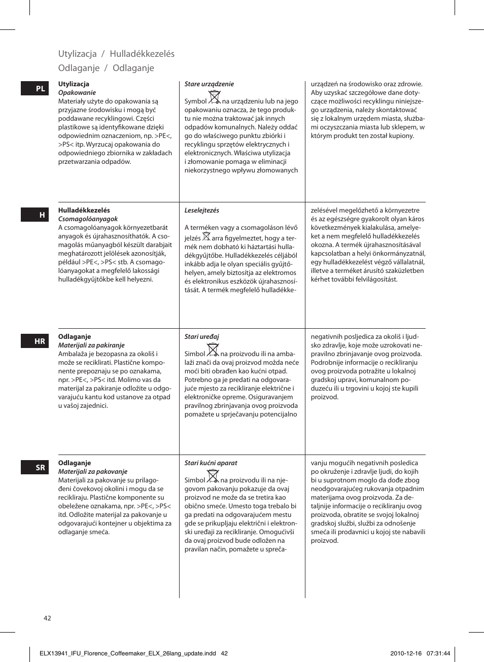 Odlaganje, Utylizacja, Hulladékkezelés | Electrolux EKF5210 User Manual | Page 42 / 60