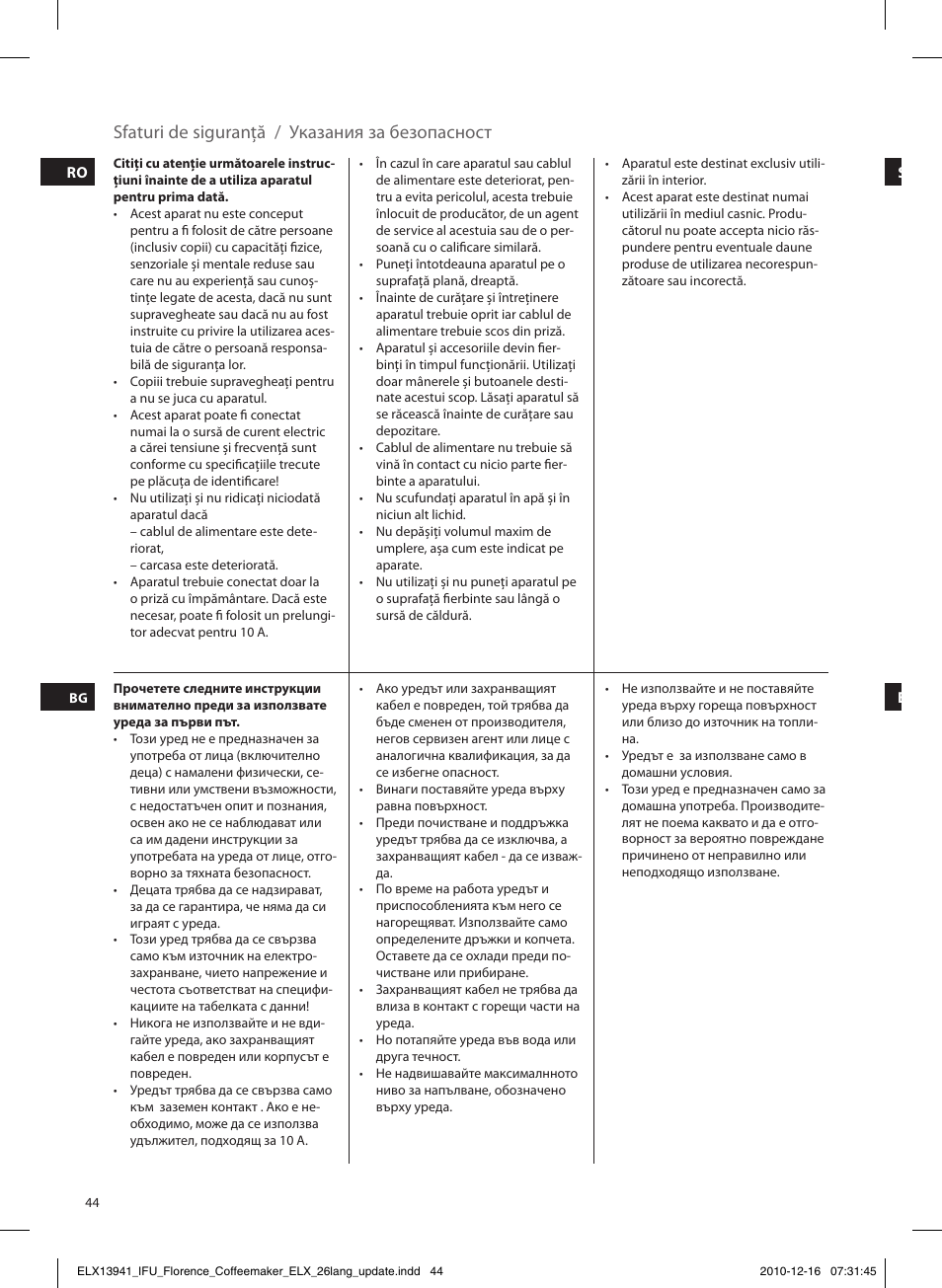 Sfaturi de siguranţă / указания за безопасност | Electrolux EKF5210 User Manual | Page 44 / 60