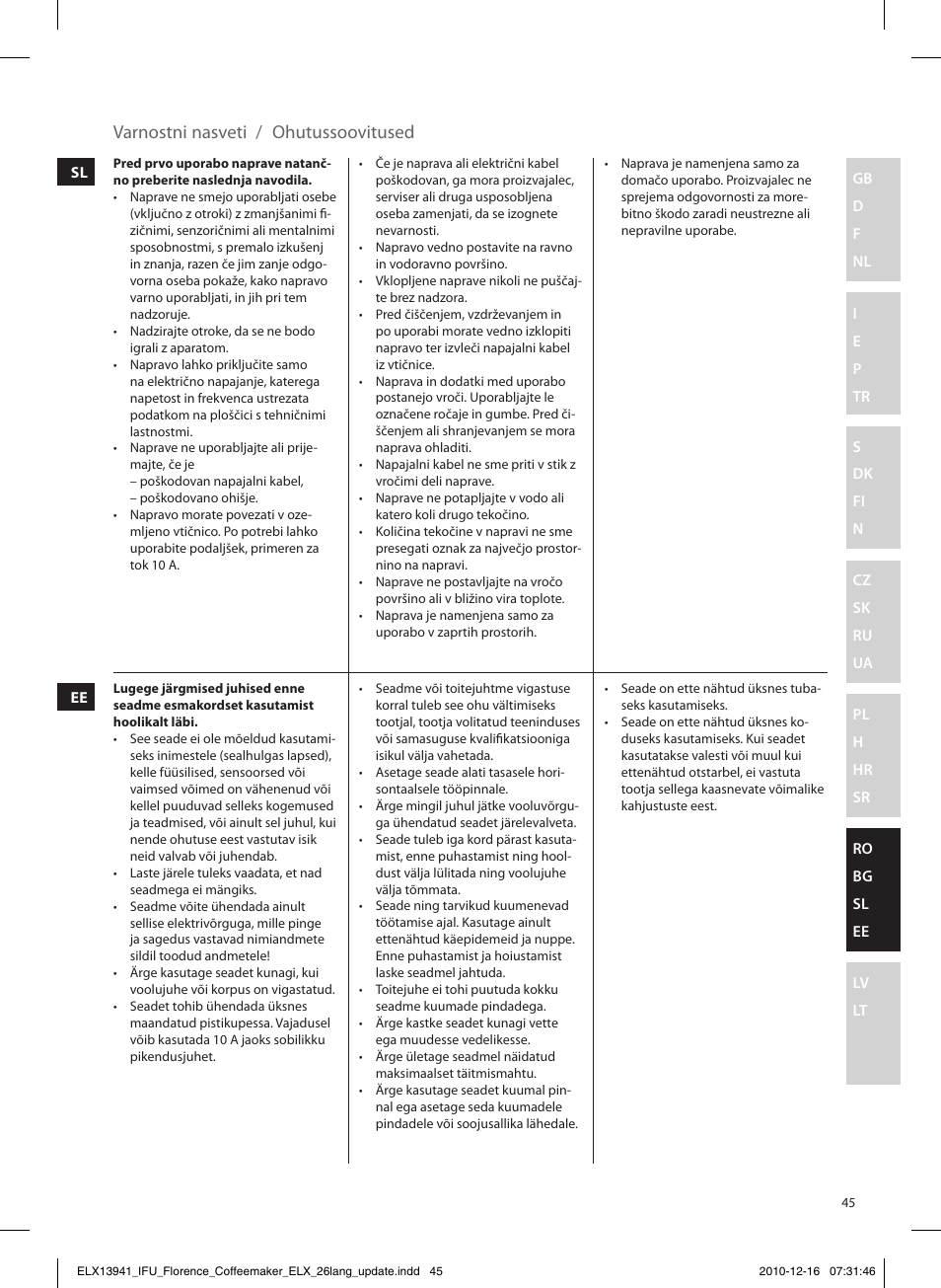 Varnostni nasveti / ohutussoovitused | Electrolux EKF5210 User Manual | Page 45 / 60