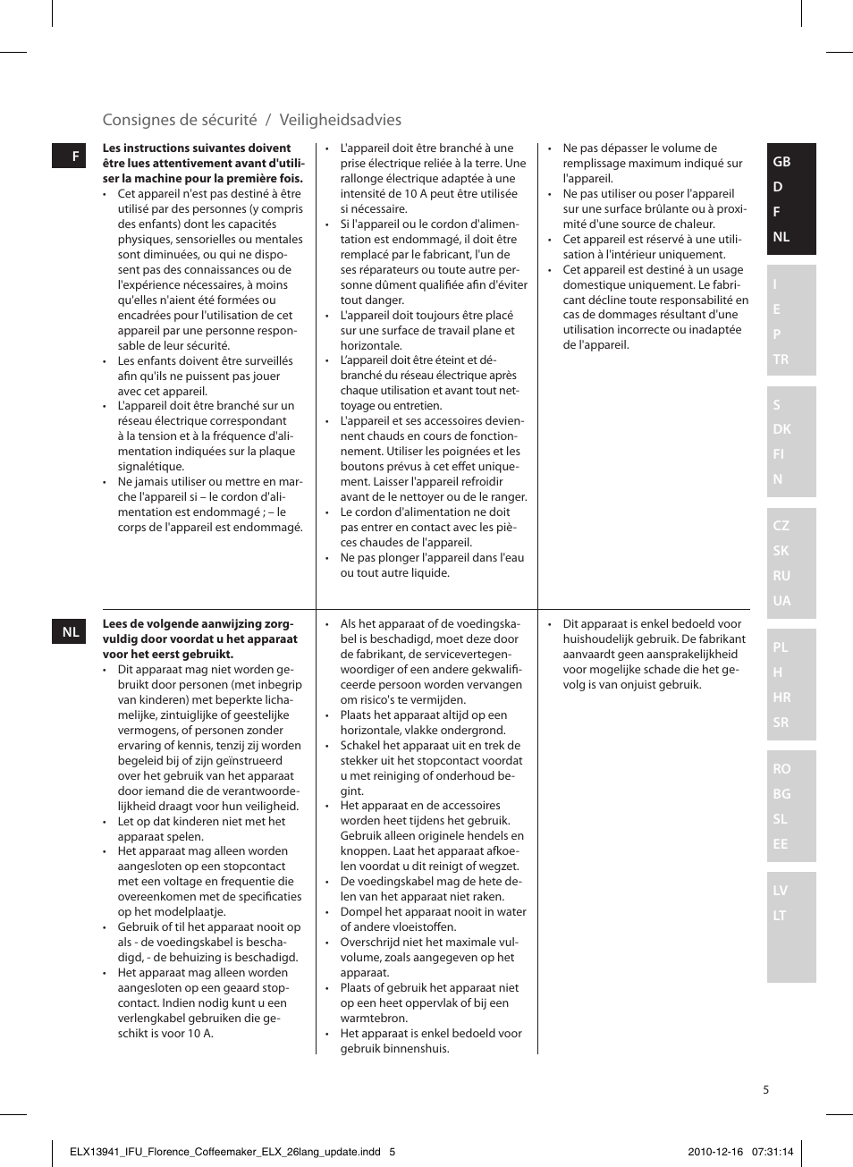 Veiligheidsadvies consignes de sécurité | Electrolux EKF5210 User Manual | Page 5 / 60