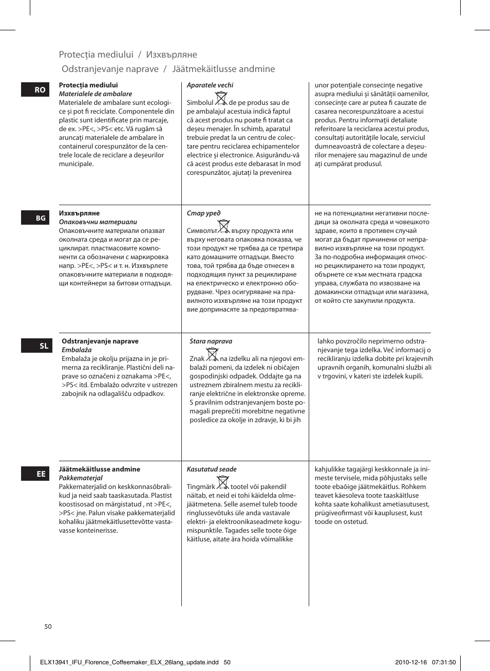 Protecţia mediului, Изхвърляне, Odstranjevanje naprave | Jäätmekäitlusse andmine | Electrolux EKF5210 User Manual | Page 50 / 60