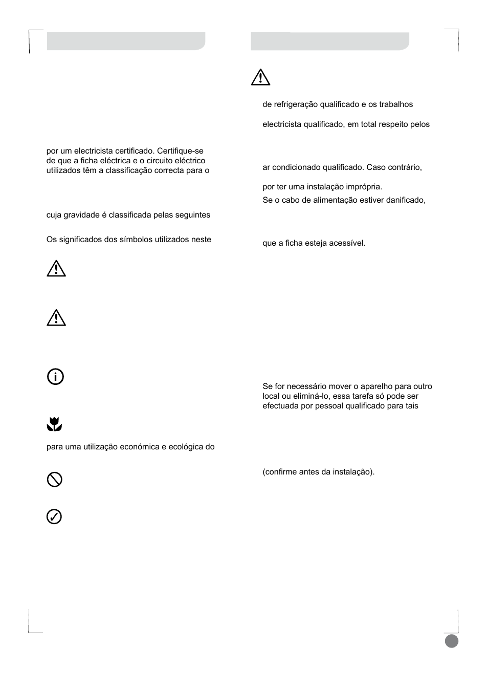 Eco cool - installation manual_l1 v2_113, Aviso para a instalação, Precauções de segurança | Electrolux EXI18HL1WE User Manual | Page 113 / 136