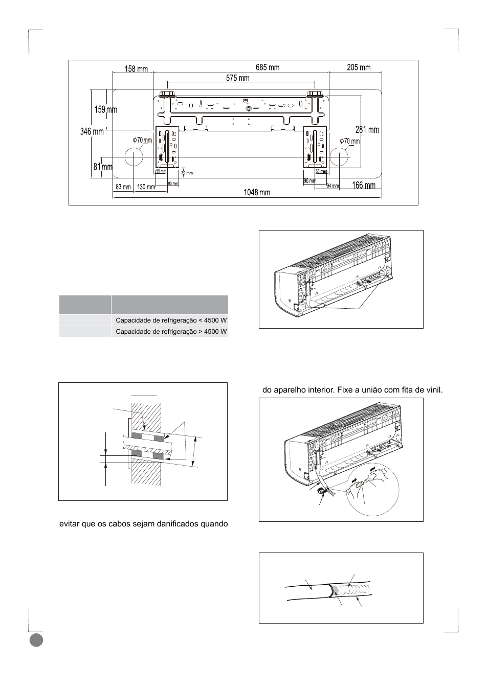 Eco cool - installation manual_l1 v2_120, Interior, Exterior | Etapa 2: perfurar o orifício para os tubos, Etapa 3: instalação da mangueira de escoamento, Tubo de parede massa vedante | Electrolux EXI18HL1WE User Manual | Page 120 / 136