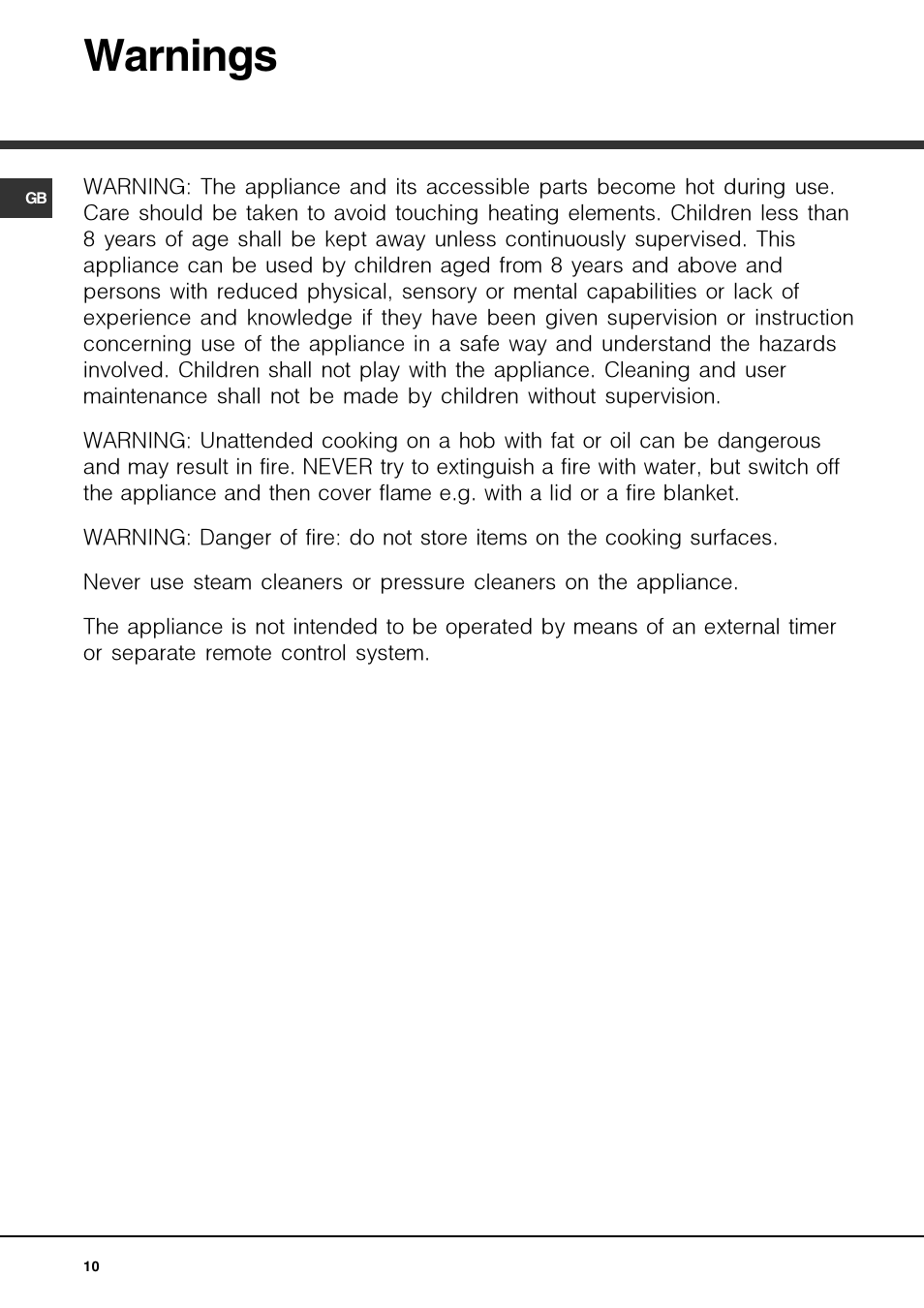 Warnings | Hotpoint Ariston PF 604 (WH)-HA User Manual | Page 10 / 52