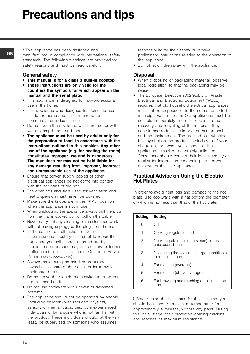 Precautions and tips | Hotpoint Ariston PF 604 (WH)-HA User Manual | Page 14 / 52