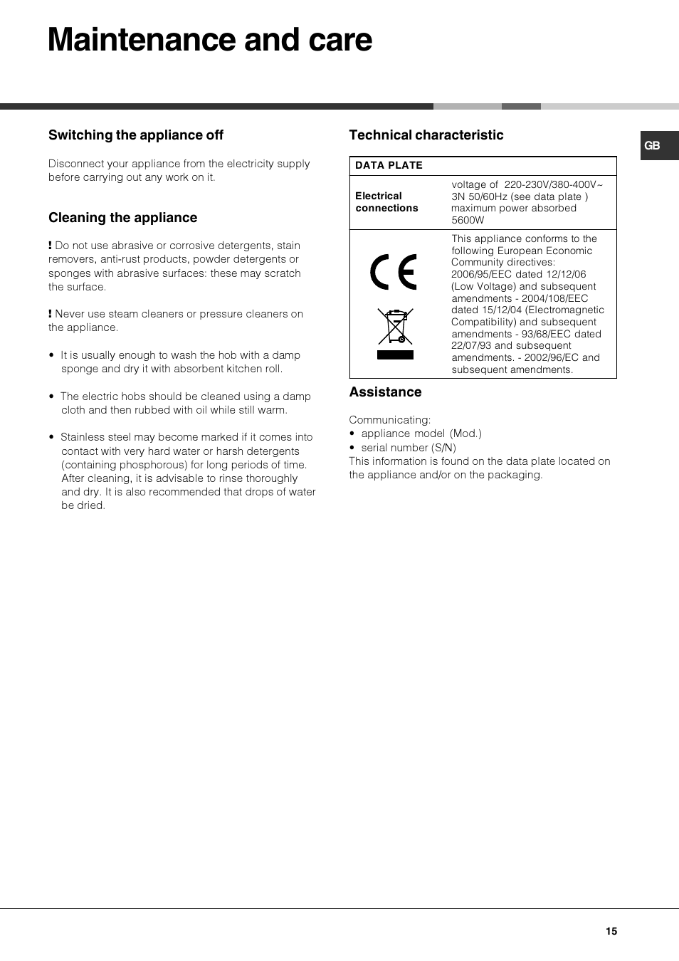 Maintenance and care | Hotpoint Ariston PF 604 (WH)-HA User Manual | Page 15 / 52