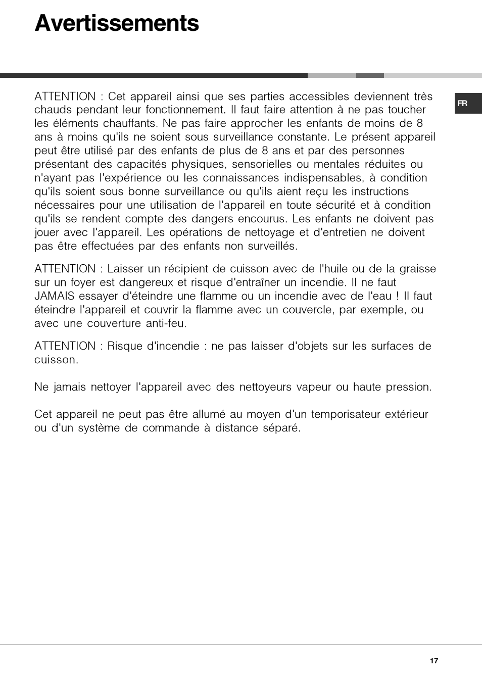 Avertissements | Hotpoint Ariston PF 604 (WH)-HA User Manual | Page 17 / 52